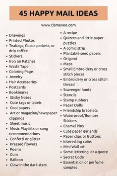 a list with the words happy mail ideas on it