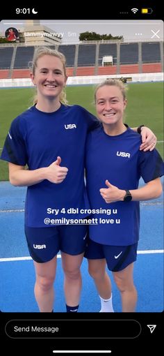 two women standing next to each other on a soccer field with the caption sky 4 did creasing u