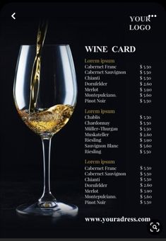 a wine glass filled with white wine next to a price label for the wine card