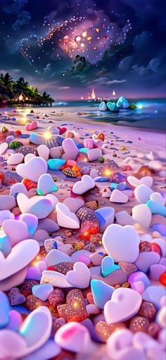 the beach is filled with lots of heart - shaped rocks and sparkles in the sky