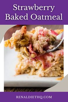 strawberry baked oatmeal on a white plate with a spoon and text overlay