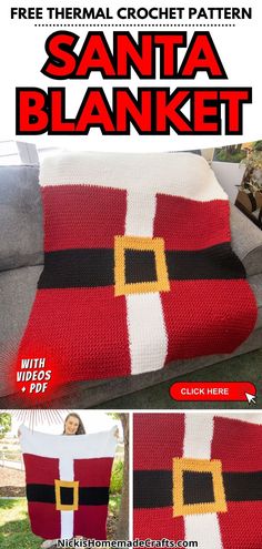 Get cozy this holiday season with a FREE thermal crochet Santa Belt blanket pattern! This festive and cozy design features a thick, warm texture thanks to the thermal stitch, perfect for chilly winter nights. The classic red, black, and gold Santa belt motif adds a playful touch, making it a fun, festive project for any crocheter. Ideal for gifting or adding a holiday charm to your home decor! #Christmascrochet #Christmas #thermalcrochet #crochet #nickishomemadecrafts Crochet Santa Blanket, Thermal Crochet Stitch, Thermal Stitch Crochet, Thermal Crochet, Santa Blanket, Thermal Stitch, Santa Belt, Christmas Crochet Blanket, Stitch Blanket