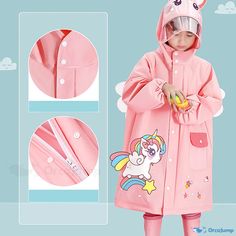 OrcaJump - Kids Waterproof Raincoat with Unicorn, Dinosaur, and Rabbit Designs - Available in 4 Sizes Pink Long Sleeve Outerwear With Cartoon Print, Pink Winter Outerwear With Cartoon Print, Winter Pink Outerwear With Cartoon Print, Playful Winter Raincoat, Pink Cartoon Print Outerwear For Fall, Pink Outerwear With Cartoon Print For Fall, Fall Pink Outerwear With Cartoon Print, Playful Long Sleeve Raincoat For Outdoor, Playful Pink Outerwear For Outdoor