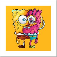 the spongebob character is hugging his face in front of an orange background with white border