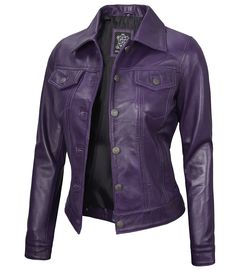 Purple Trucker Leather Jacket For Women Introducing our Purple Leather Trucker Jacket for Women, where bold meets sophistication in a burst of vibrant color. This jacket is a statement-making piece that instantly elevates your style game. With its classic trucker design, featuring a button-front closure and chest pockets, it combines functionality with fashion. Embrace your individuality and stand out from the crowd with this stunning fashionable jacket. Leather Trucker Jacket, Asymmetrical Leather Jacket, Kyoko Kirigiri, Maroon Leather Jacket, Halloween Jacket, Leather Jacket For Women, Leather Jackets For Men, Drawing Help