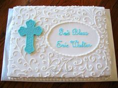 a white card with a blue cross on it and the words god bleas eric walter