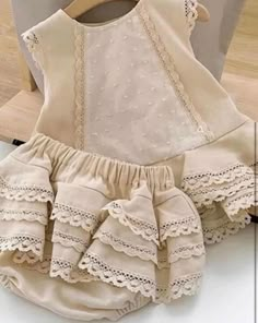 2 piece heirloom style outfit Ruffled Bottoms lots of details Beige Lace Top, Lace Vest Top, Toddler Suits, Beige Outfit, Lace Vest, Bloomers Shorts, Lace Sleeveless Top, Tiered Skirts, Cute Princess