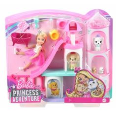 the barbie princess adventure playset is in its pink box and has two cats on it