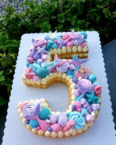 the number five cake is decorated with sea shells