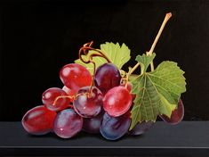 a painting of grapes and leaves on a black background