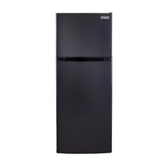 a black refrigerator freezer sitting on top of a white wall