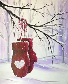 a painting of a pair of mitts hanging from a tree branch in the snow