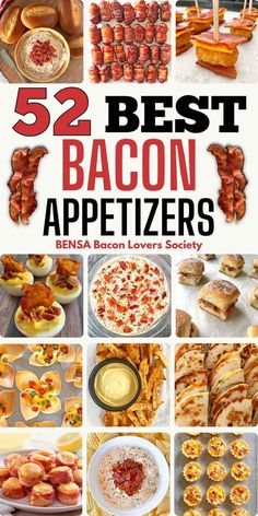 the cover of 52 best bacon appetizers by benza bacon lovers society is shown