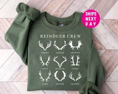 "Christmas Reindeer Crew Sweatshirt, Reindeer Hoody, Christmas Deer, Christmas Sweater, Christmas Gift, Reindeer Xmas Hoodies, Christmas Gift How To Order --- 1-) Please check and review all photos in the listing 2-) Choose your t-shirt color and size *Different styles of shirts may have different shades of same color choice due to different manufacturer brands. *For this reason, we recommend you to order same style of shirts (Unisex, Tank Top, etc.) if you want exact matching colors. 3-) Enter your Text Color In The Personalization Box 4-) Click add to cart. You can go back to add more product 5-) Click \"Proceed to check out\" 6-) When you check out, you can add a note to seller for any request Unisex T-shirt Unisex T-shirts featuring a crew neck, short sleeves and designed with superior Christmas Cricket Sweatshirts, Deer Shirt, Cricut Shirts, Reindeer Shirt, Cricut Christmas, Deer Christmas, Cotton Polyester Fabric, Sweater Christmas, Matching Colors