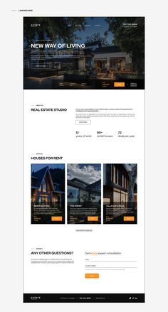 the homepage design for a real estate listing website, with an orange and black theme