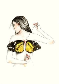 a drawing of a woman with a butterfly on her chest and the back of her body