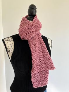 Knitted cotton scarf. Perfect accessory to brighten your wardrobe (and your mood) any time of year. Measures 56" long by 7" wide. Casual One Size Shawl Scarves, Casual Knitted Scarves, Casual Knit Scarves, Casual Hand Knitted Yarn Scarves, Casual Crochet Scarves For Fall, Casual Knit Scarves One Size, Casual Knit Infinity Scarf, Casual One-size Shawl Scarf, Pink Scarves For Spring, One Size