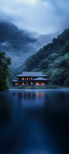 a house sitting on top of a lake next to a lush green forest covered hillside