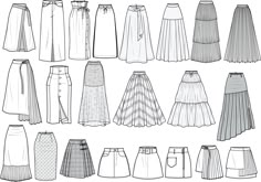 a bunch of different skirts that are drawn in black and white, including pleated skirts