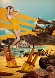 a woman in yellow swimsuit standing on banana peels with an airplane flying above her