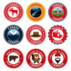 six different canada stickers with the words welcome to canada and images of canadian animals