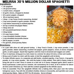 the menu for melissa jos million dollar spaghetti recipe is shown in this image