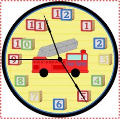 a clock with numbers and a firetruck on it's face is shown