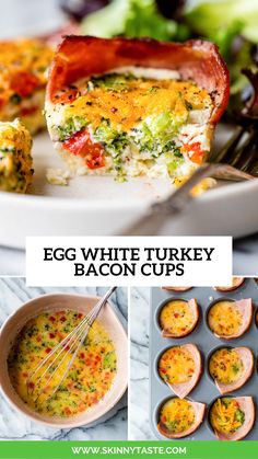 egg white turkey bacon cups with broccoli in the background and an image of deviled eggs