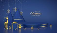 merry christmas and new year's greeting card with presents on blue background, 3d rendering