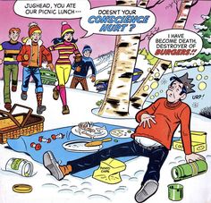 an old comic book cover with a man laying on the ground surrounded by other people