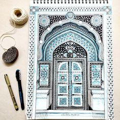 a drawing of an ornate doorway is shown next to some crochet and thread