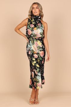 Anabelle Halter Neck Midi Dress - Black Floral Chic Floral Print Midi Dress For Party, Floral Print Midi Dress For Parties, Dressy Floral Print Midi Dress For Party, Spring Evening Dress With High Neck, Spring Evening High Neck Dress, Evening Floral Print Midi Dress, Chic Sleeveless Dress With Floral Print For Evening, Spring High Neck Maxi Dress For Date Night, High Neck Maxi Dress For Summer Cocktail