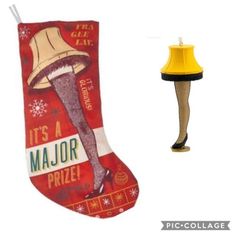 a christmas stocking with a lamp next to it