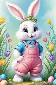 a painting of a white rabbit in overalls standing next to some flowers and eggs