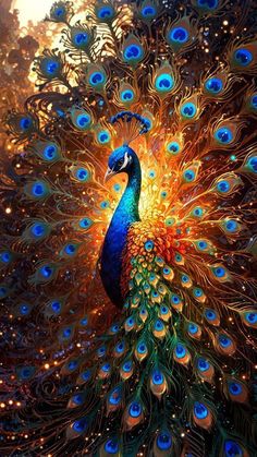 a painting of a peacock with its feathers spread out