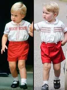 there are two pictures of the same little boy in different outfits, one is holding an umbrella