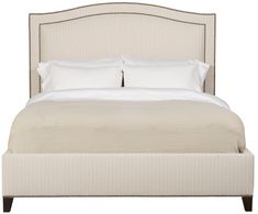 a bed with white sheets and pillows on top of it's headboard, in front of a white background