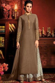 Buy Brown and White Silk Party Wear Palazzo Suit Online at indi.fashion Orang India, Ethno Style, Karisma Kapoor, Indian Designer Suits, Punjabi Dress, Gaun Fashion, Desi Clothes, Eid Dresses