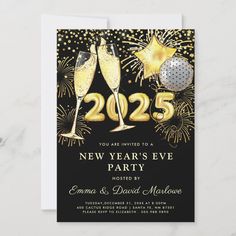 a new year's eve party card with two champagne glasses and confetti