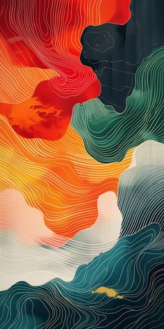 an abstract painting with wavy lines and colors