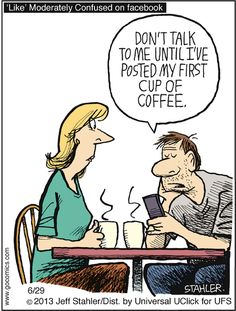 a cartoon depicting a woman talking to a man at a table with a cup of coffee