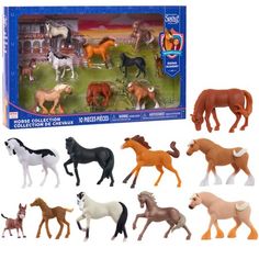 the horses are all different colors and sizes in this toy figure set, including one horse with