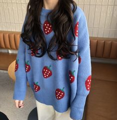 *Free Ship* Strawberry Pullover Knitted Sweater sold by Littlepinko on Storenvy Fire Sweater, Strawberry Sweater, Warm Knit Sweater, Fire Designs, Loose Knit Sweaters, Winter Pullover, Sweater Oversize, Loose Pullover, Sweet Lolita