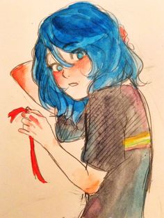 a drawing of a girl with blue hair holding a red object in her right hand