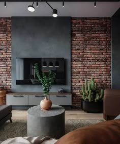 a living room with brick walls and furniture