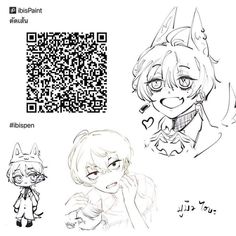 some cartoon character sketches with qr code in the background and an image of a cat