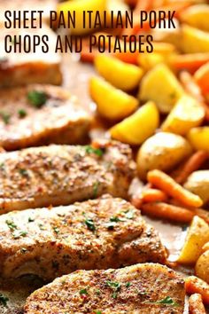 meat and potatoes on a cutting board with the words sheet pan italian pork chops and potatoes