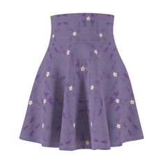 "Small white daisy lavender and purple, women's Skater Skirt. AOP This classic vintage style skater skirt has a cute flared cut that provides a versatile fit for all sizes. An above knee-length that features a more flared A-line shape. This silhouette has a narrowing effect of the waist and creates beautiful look when going about your day. Skater skirts have a playful element that adds flair to any look.   With a cozy, soft touch and casual look it will instantly become your everyday favorite fo High Waist Purple Casual Skirt, High Waist Casual Purple Skirt, Casual High Waist Purple Skirt, Purple Fitted High Waist Mini Skirt, Fitted High Waist Purple Mini Skirt, Purple Fitted Casual Skirt, Casual Fitted Purple Mini Skirt, Fitted Purple Casual Skirt, Casual Purple Skirt For Spring