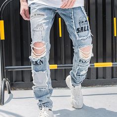 Men's Casual Ripped Jeans | ZORKET Biker Jeans Men, Slim Fit Casual Pants, Ripped Jeans Casual, Jeans Sale, Hip Hop Jeans, Aelfric Eden, Vintage Biker, Biker Jeans