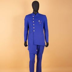 African Suit Single Breasted Slim Fit Jackets and Trousers 2 Piece Set Blue Long Sleeve Tuxedo For Wedding, Tailored Blue Outerwear For Wedding, Blue Tailored Outerwear For Wedding, Tailored Long Sleeve Sets For Groom, Royal Ceremonial Fitted Suit, Ceremonial Royal Fitted Suit, Long Sleeve Tuxedo Suit For Wedding, Wedding Tuxedo Suits With Long Sleeves, Wedding Tuxedo With Long Sleeves